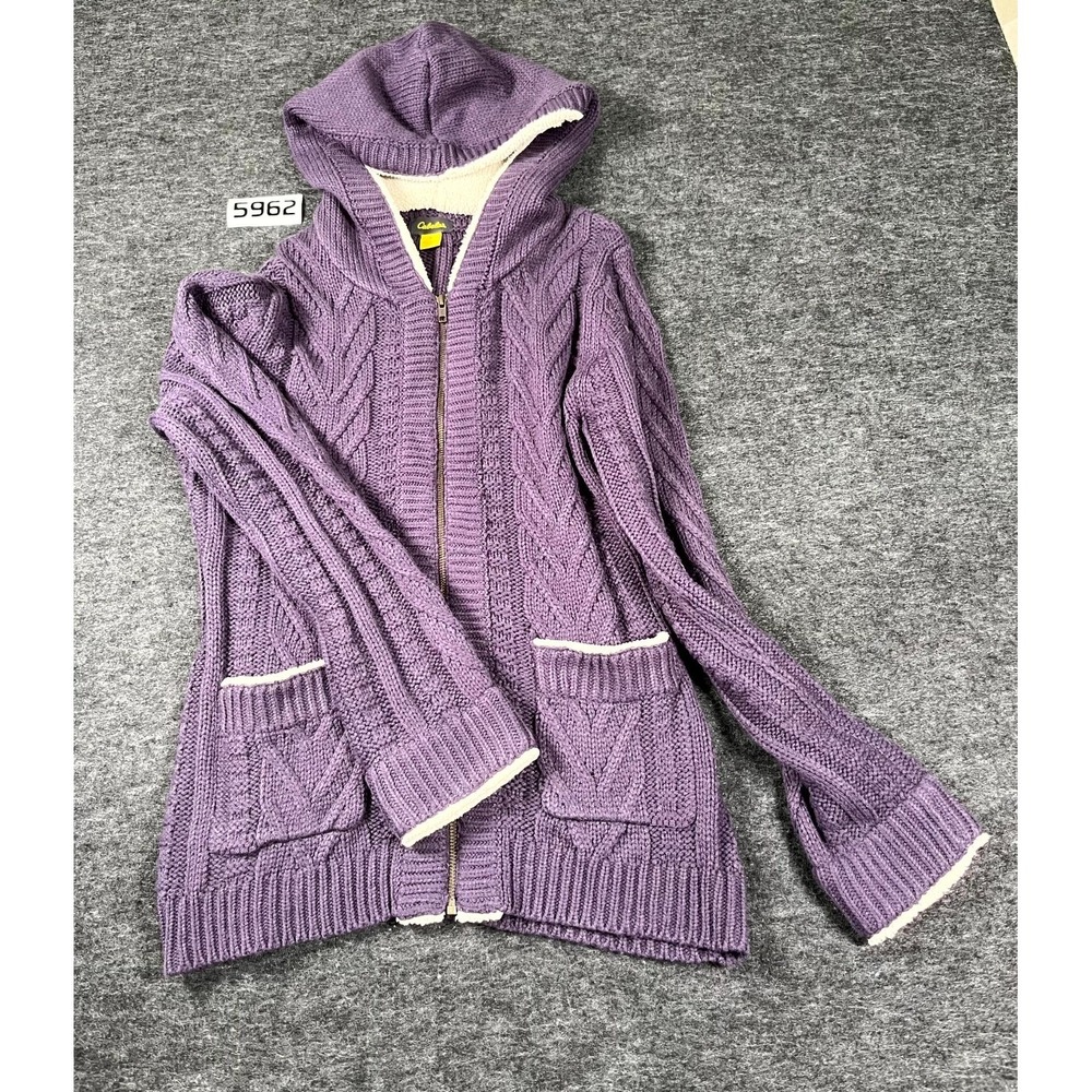 Cabela's Cardigan Sweater Womens Medium Purple Cable Knit Sherpa Hooded Winter
